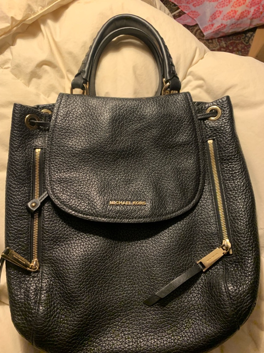 Michael Kors Black Pebbled Leather Drawstring Shoulder Bag wGold Hardware